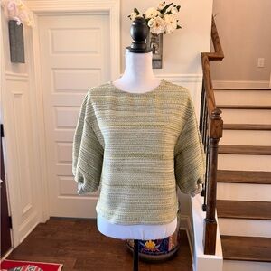 Anthropologie Eri + Ali NWOT Embroidered Striped Green Blouse w/ Balloon Sleeves